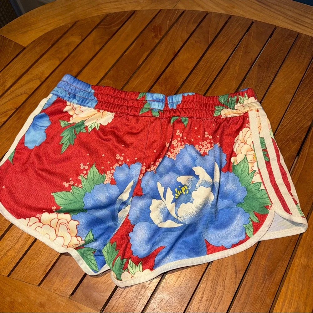 adidas Red Floral Athletic Shorts with Blue and Cream Flowers - Picture 3 of 7